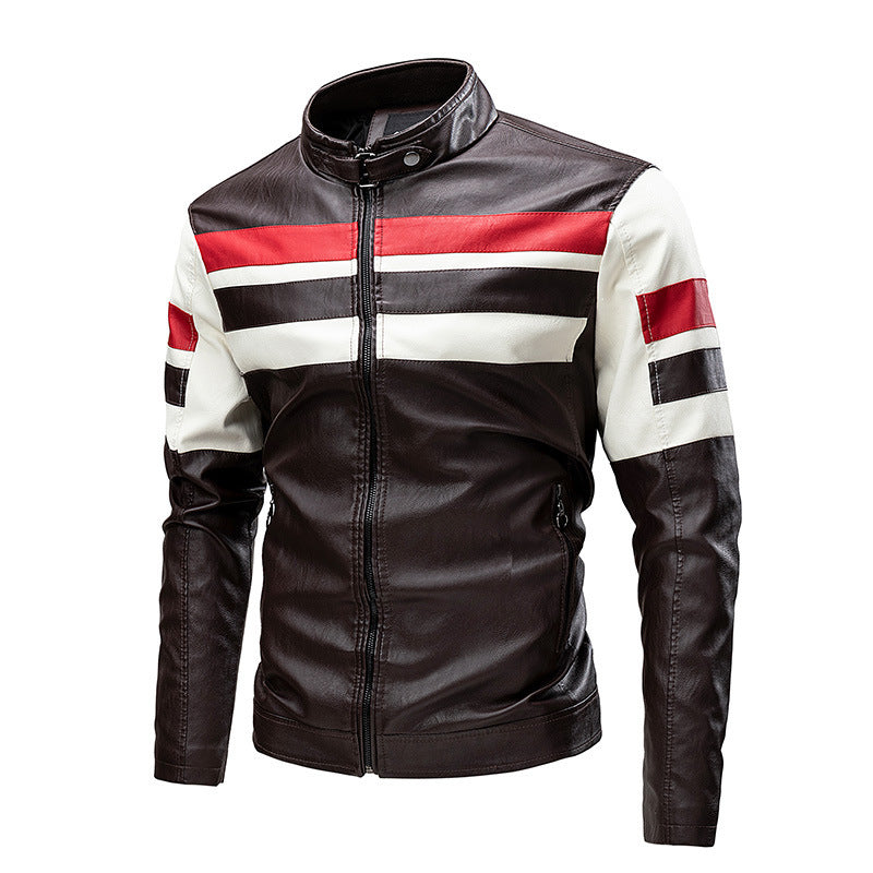 Motorcycle Stitching Leather Jacket Men Stand Collar Retro - Brown 2288 / M