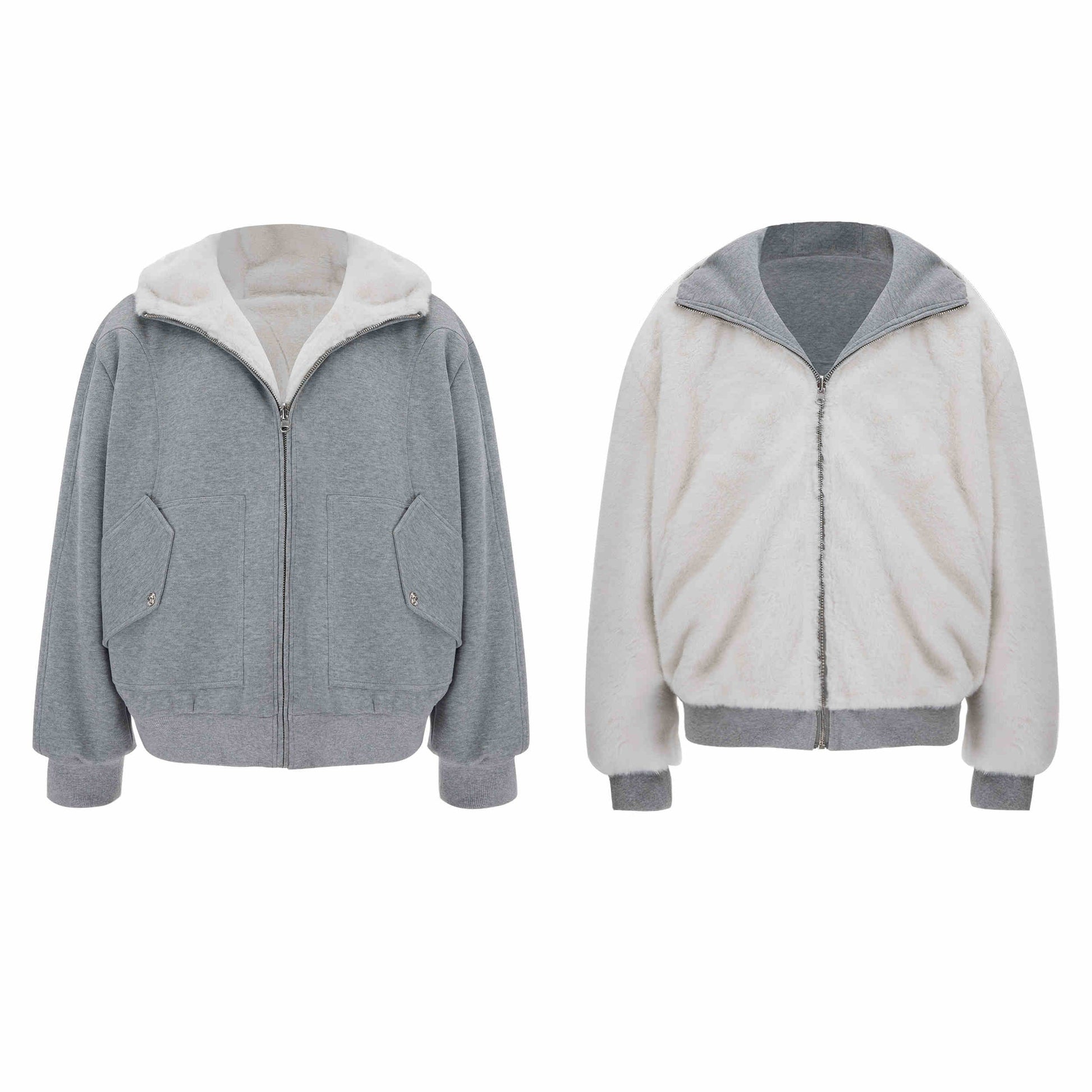 Niche Mountain Carving Plush Hooded Sweater Reversible Coat Couple Cotton Clothes - Grey / S