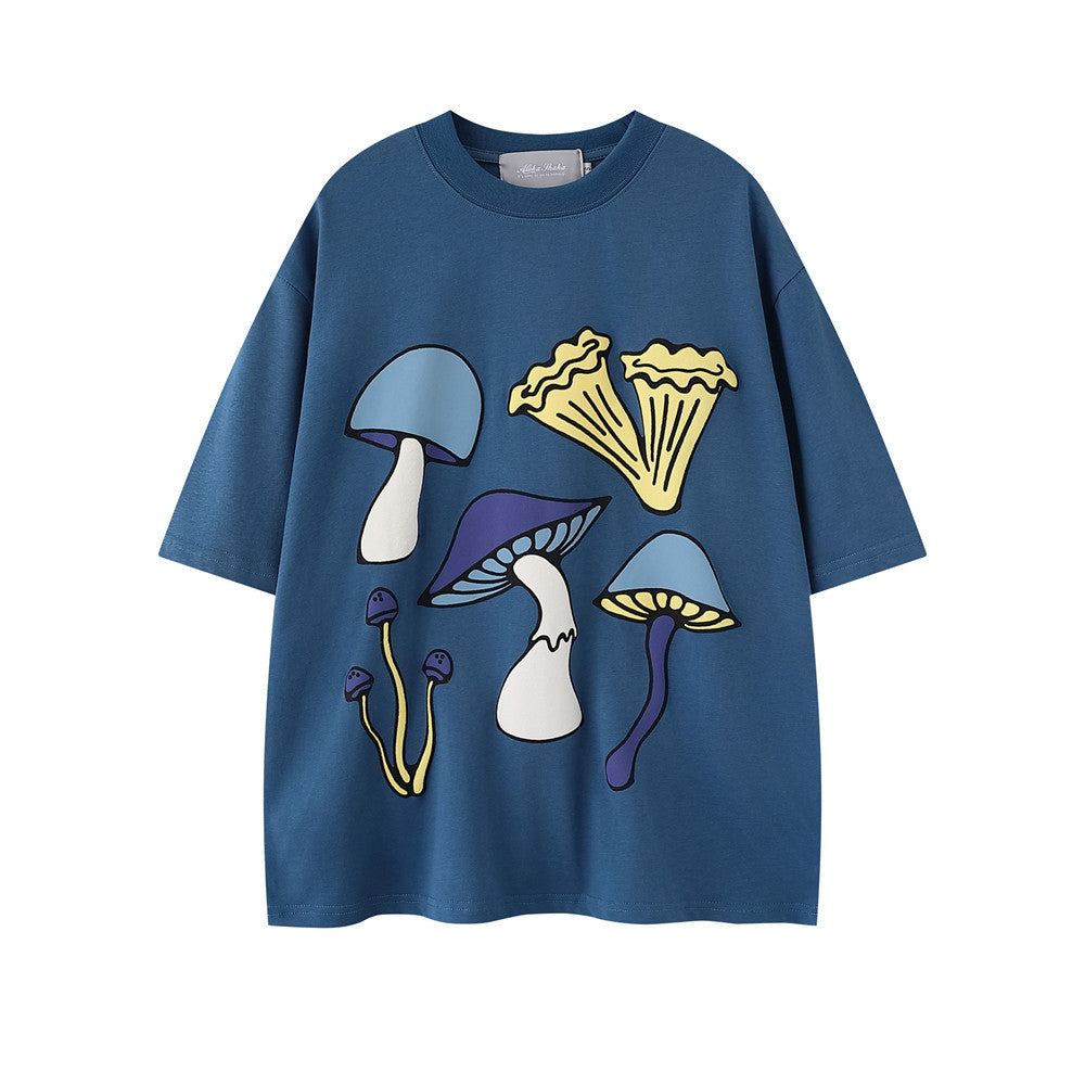 Mushroom Print Short Shirt T-shirt Casual Top - Blue / S