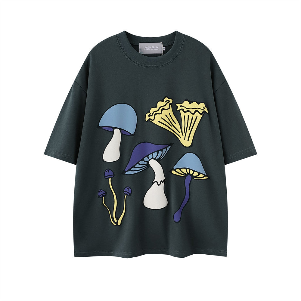 Mushroom Print Short Shirt T-shirt Casual Top - Dark Gray / S