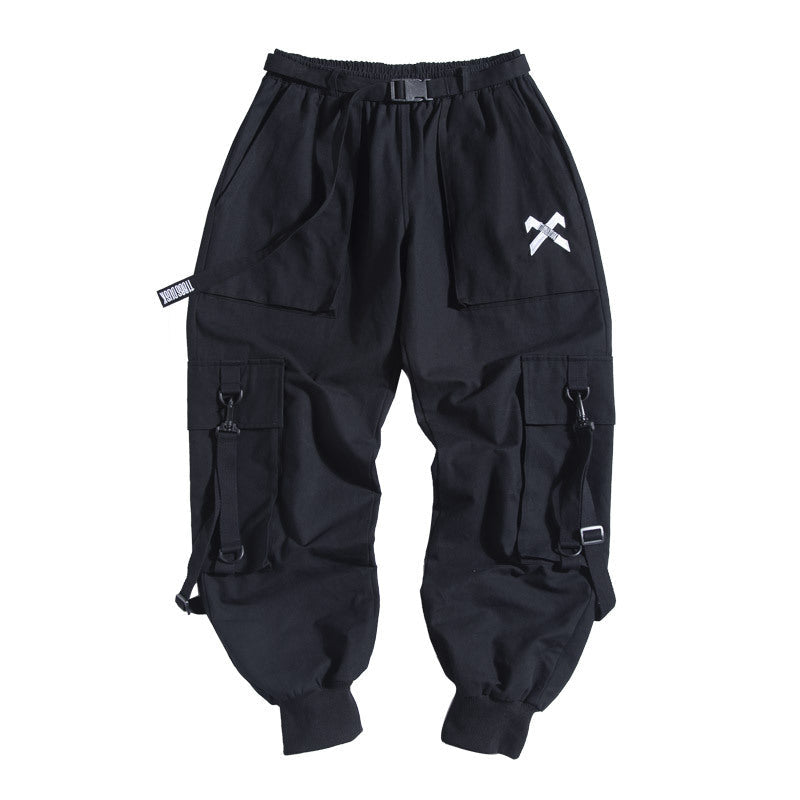 Black cargo pants with white logo from 11bbsdusk National Tide Overalls collection