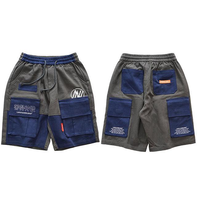 Male Youth Printed Letters Contrasting Color Stitching Multi-Pocket Shorts - Navy / XL