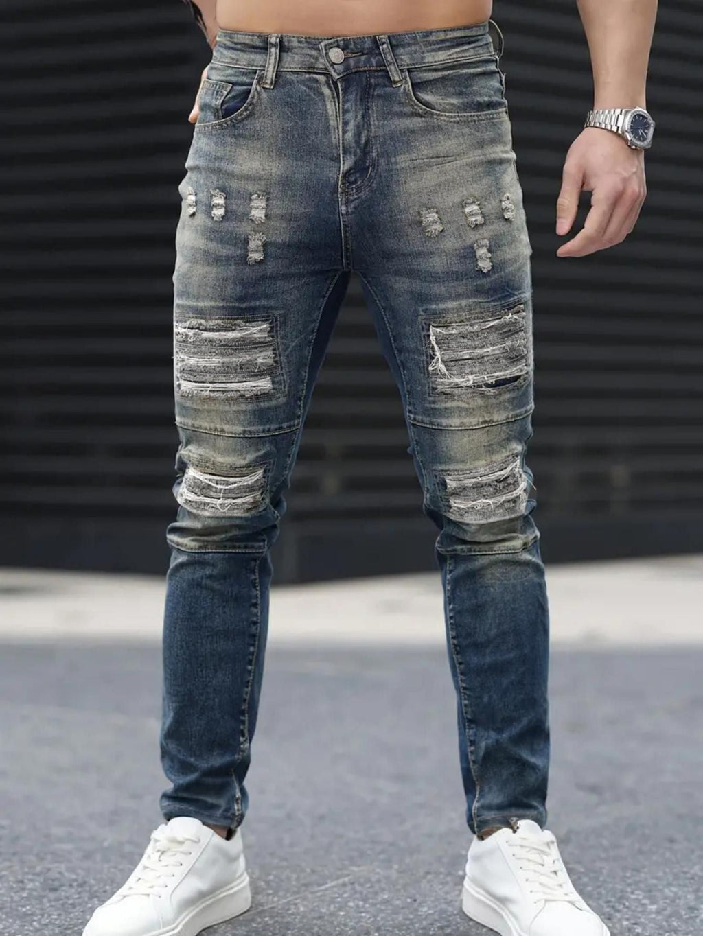 Men’s Fashion Ripped Cool High Street Jeans - Navy Blue / S