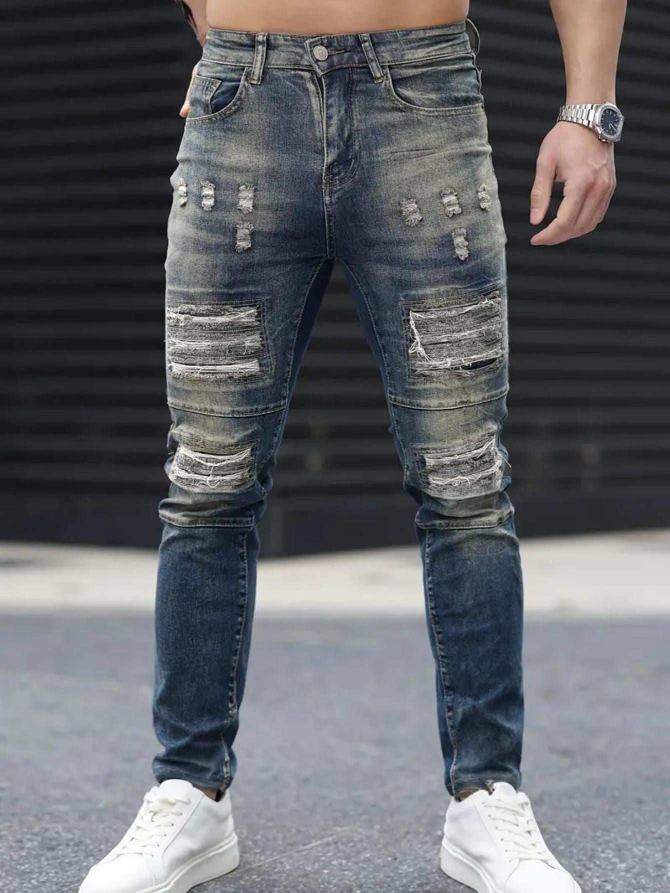 Men’s Fashion Ripped Cool High Street Jeans - Navy Blue / S