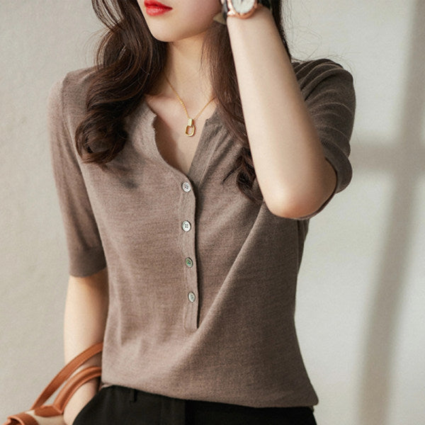 Knitwear Women’s V-neck Fashion Half-open Collar Breasted Top