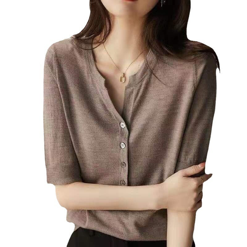 Knitwear Women’s V-neck Fashion Half-open Collar Breasted Top