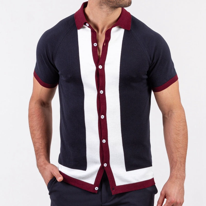 Simple Striped Men’s Patchwork Contrast Top - Navy Blue / M