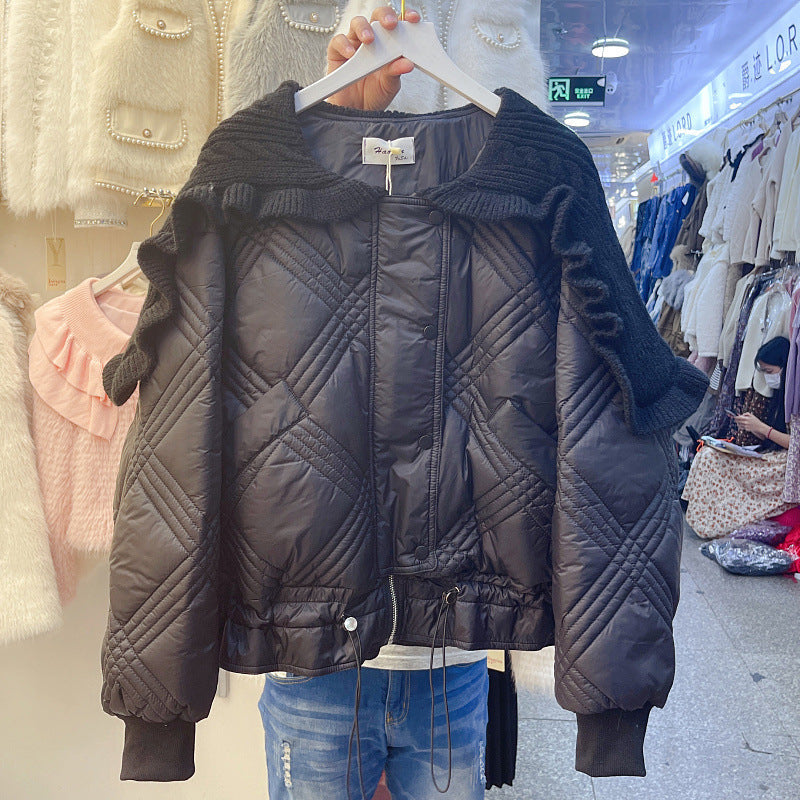 Winter Western Style Ruffled Collar Knitted Patchwork Cotton-padded Jacket Coat - Black / M