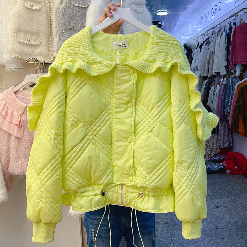 Winter Western Style Ruffled Collar Knitted Patchwork Cotton-padded Jacket Coat - Fluorescent Yellow / M