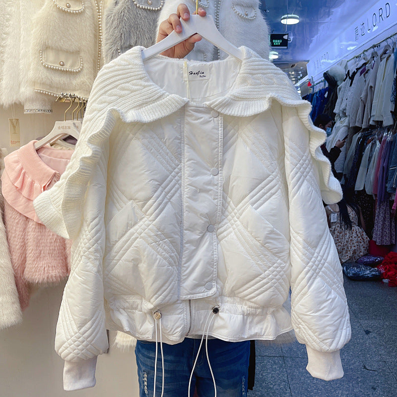Winter Western Style Ruffled Collar Knitted Patchwork Cotton-padded Jacket Coat - White / M