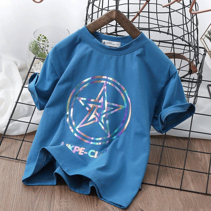 Boys’’ Short Sleeve T-shirt Net Red Laser Reflective Cub Children’’s Top Fashion - Denim Blue / 100