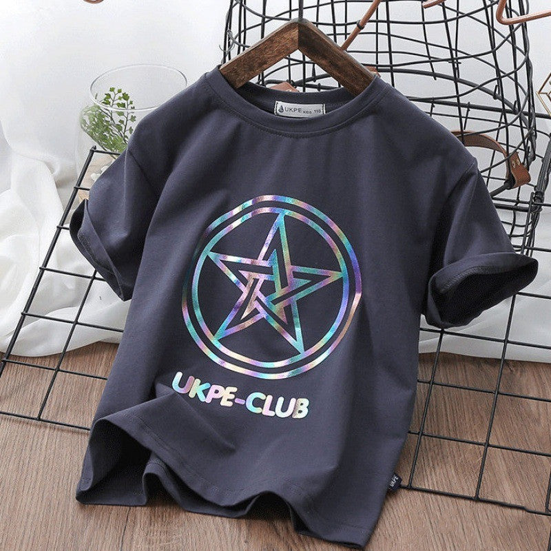 Boys’’ Short Sleeve T-shirt Net Red Laser Reflective Cub Children’’s Top Fashion - Grey / 100