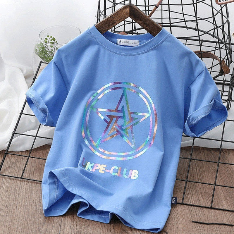 Boys’’ Short Sleeve T-shirt Net Red Laser Reflective Cub Children’’s Top Fashion - Sky Blue / 100