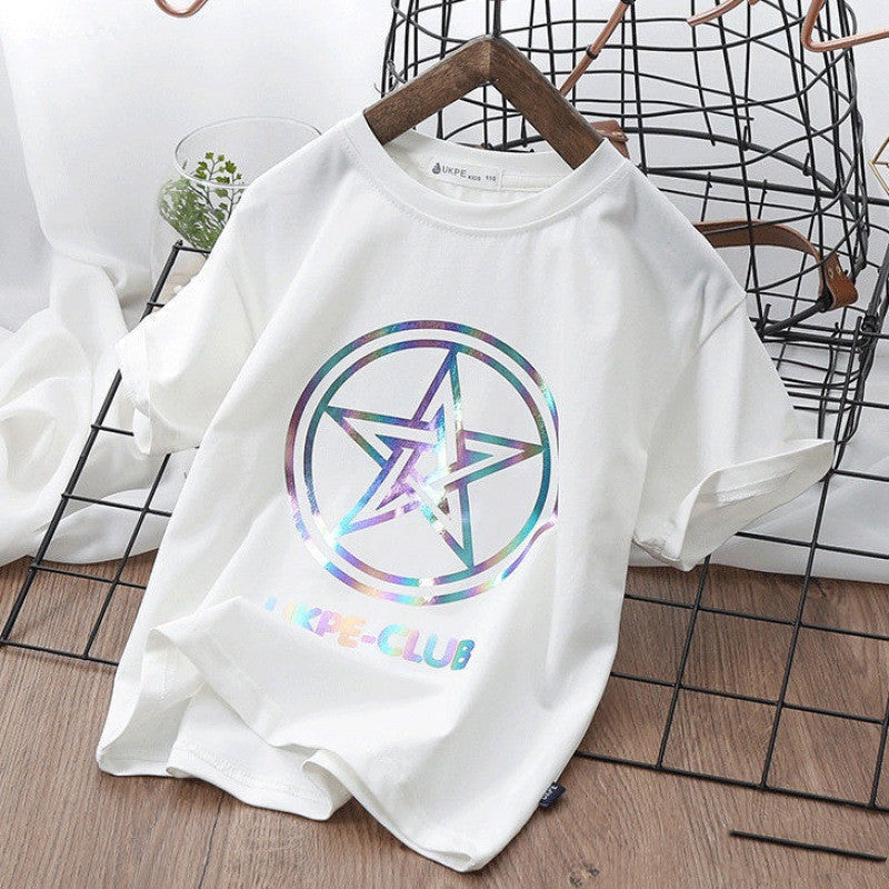 Boys’’ Short Sleeve T-shirt Net Red Laser Reflective Cub Children’’s Top Fashion - White / 100