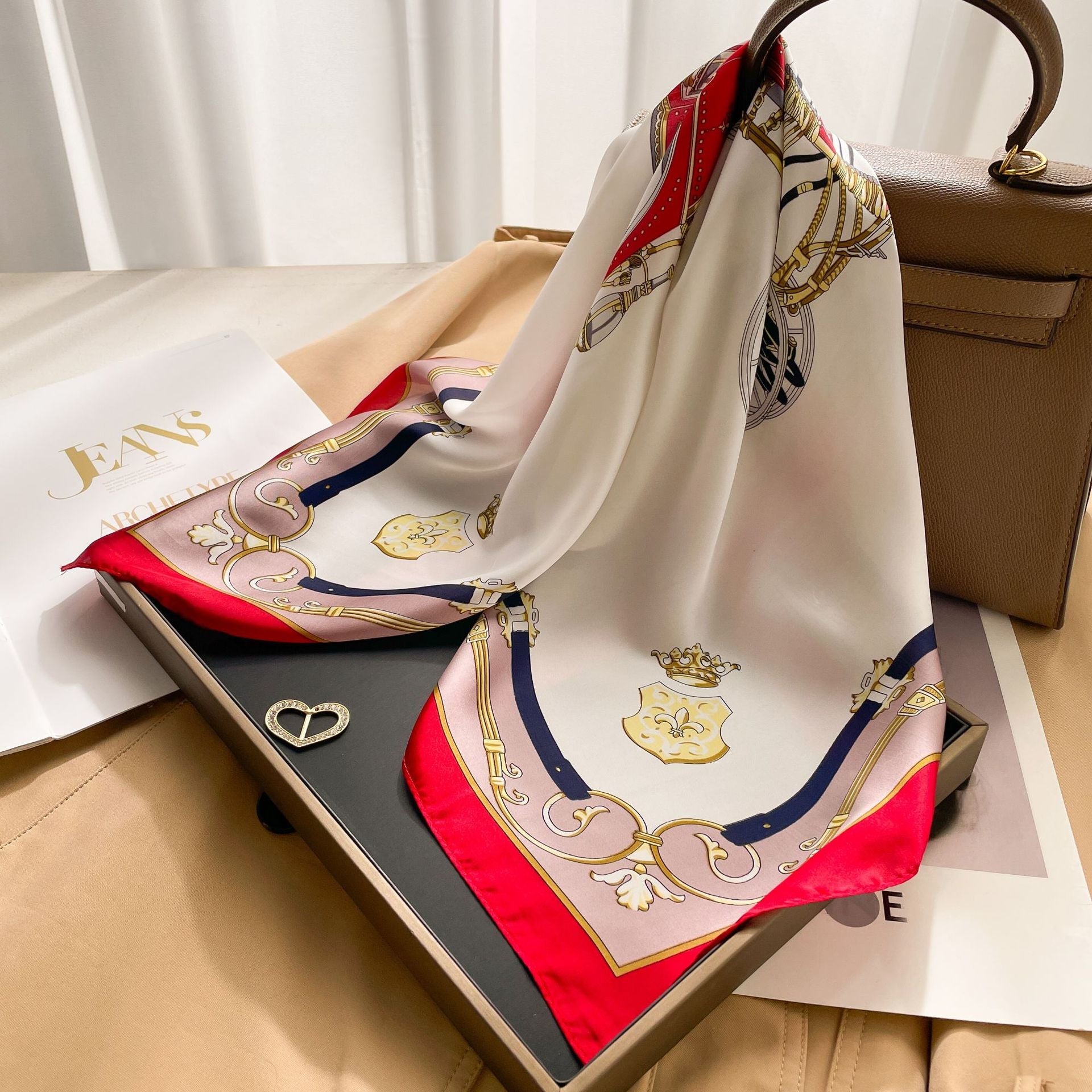 New 70 Korean Style Small Square Towel Silk Scarf For Women - A0121 Fairy Tale Carriage Red