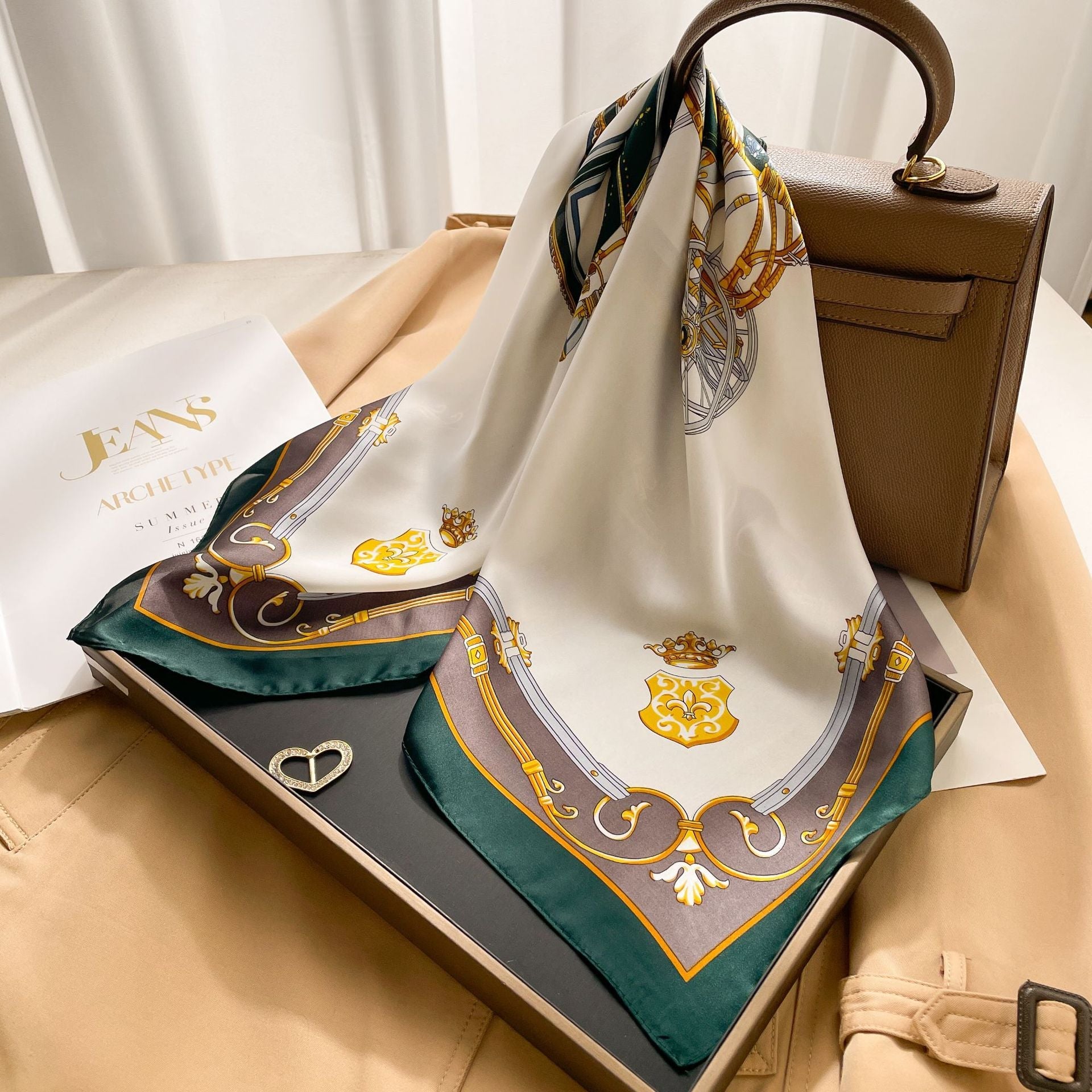 New 70 Korean Style Small Square Towel Silk Scarf For Women - A0122 Border Dark Green