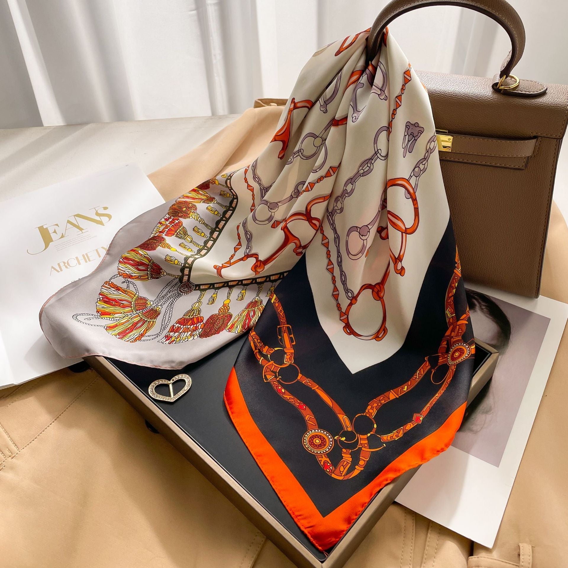 New 70 Korean Style Small Square Towel Silk Scarf For Women - A0123 Orange Vachette Clasp