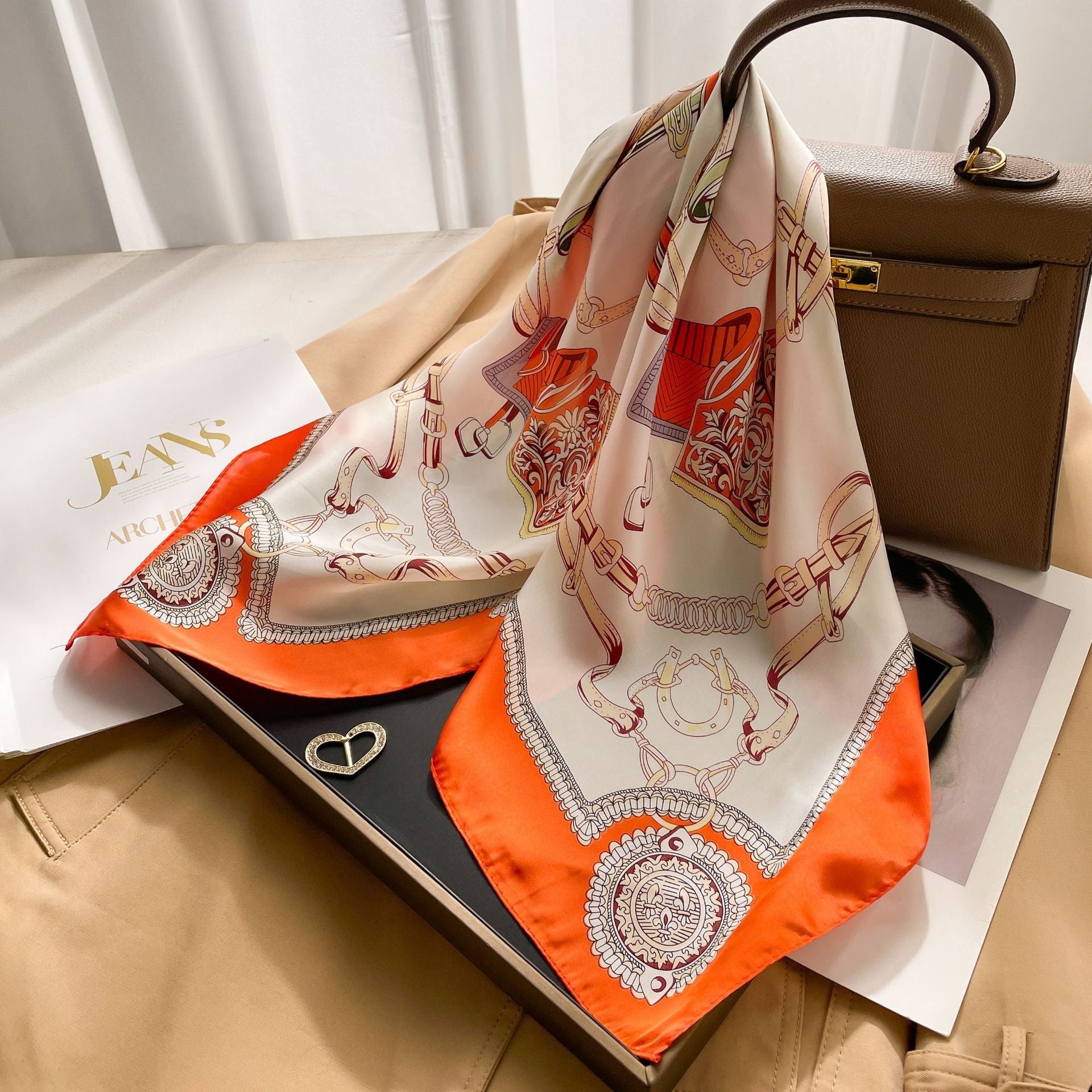 New 70 Korean Style Small Square Towel Silk Scarf For Women - A0125 Saddle Leather