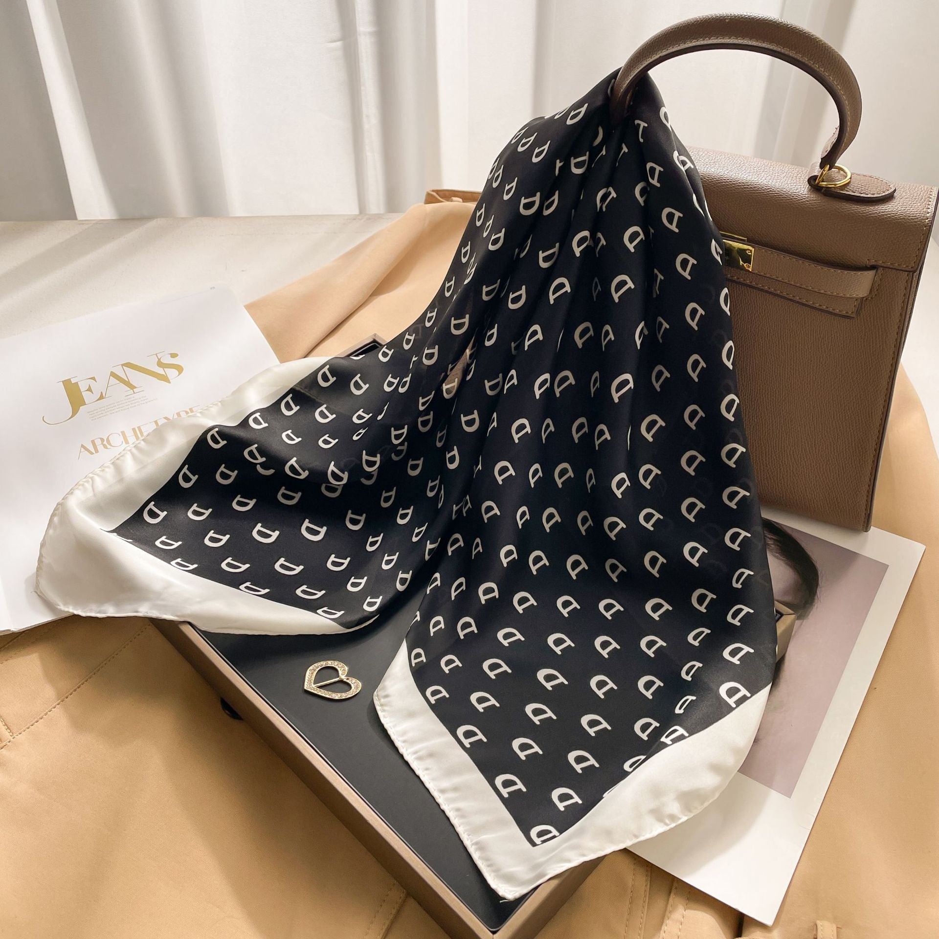 New 70 Korean Style Small Square Towel Silk Scarf For Women - A0127 Letter D Black