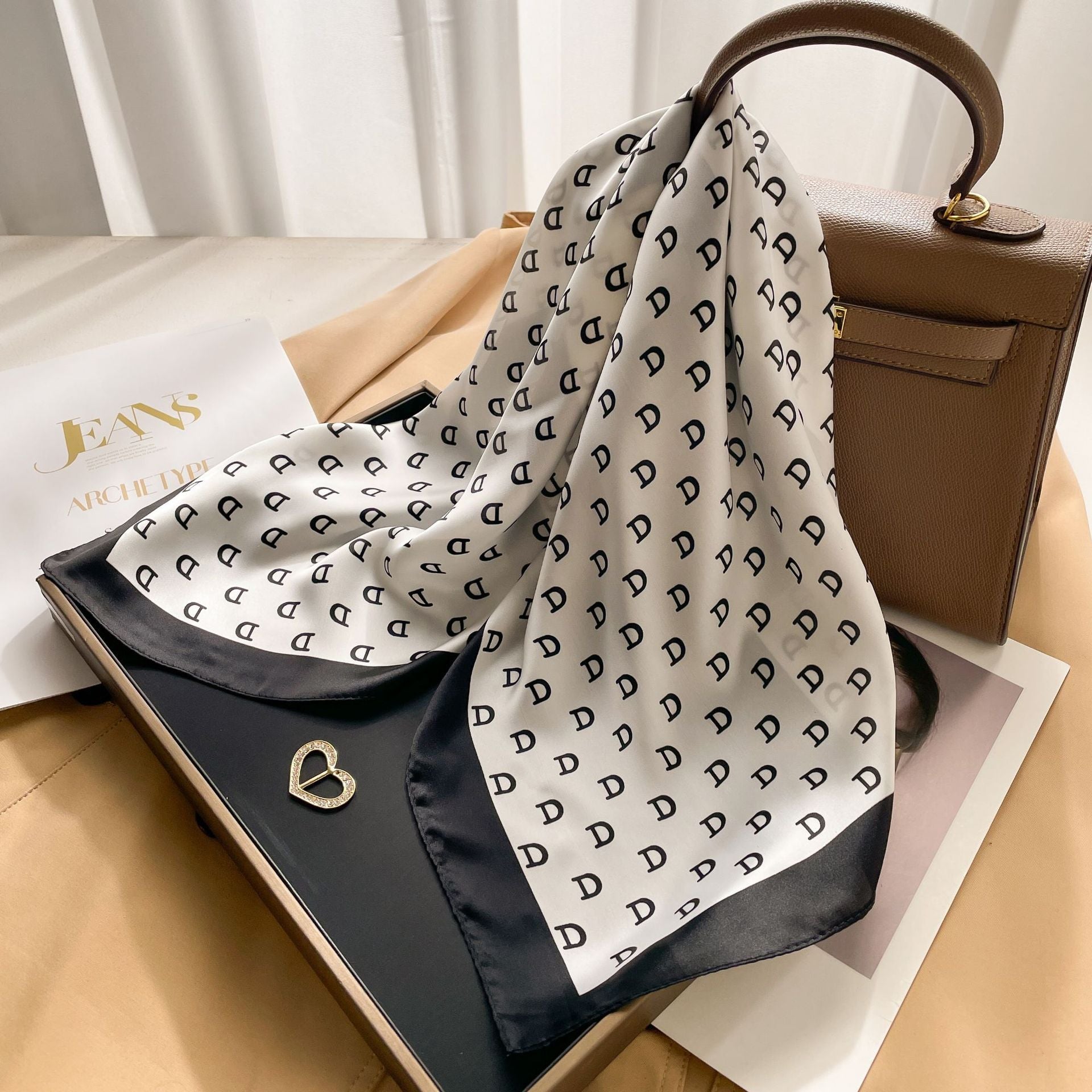 New 70 Korean Style Small Square Towel Silk Scarf For Women - A0128 Letter D White