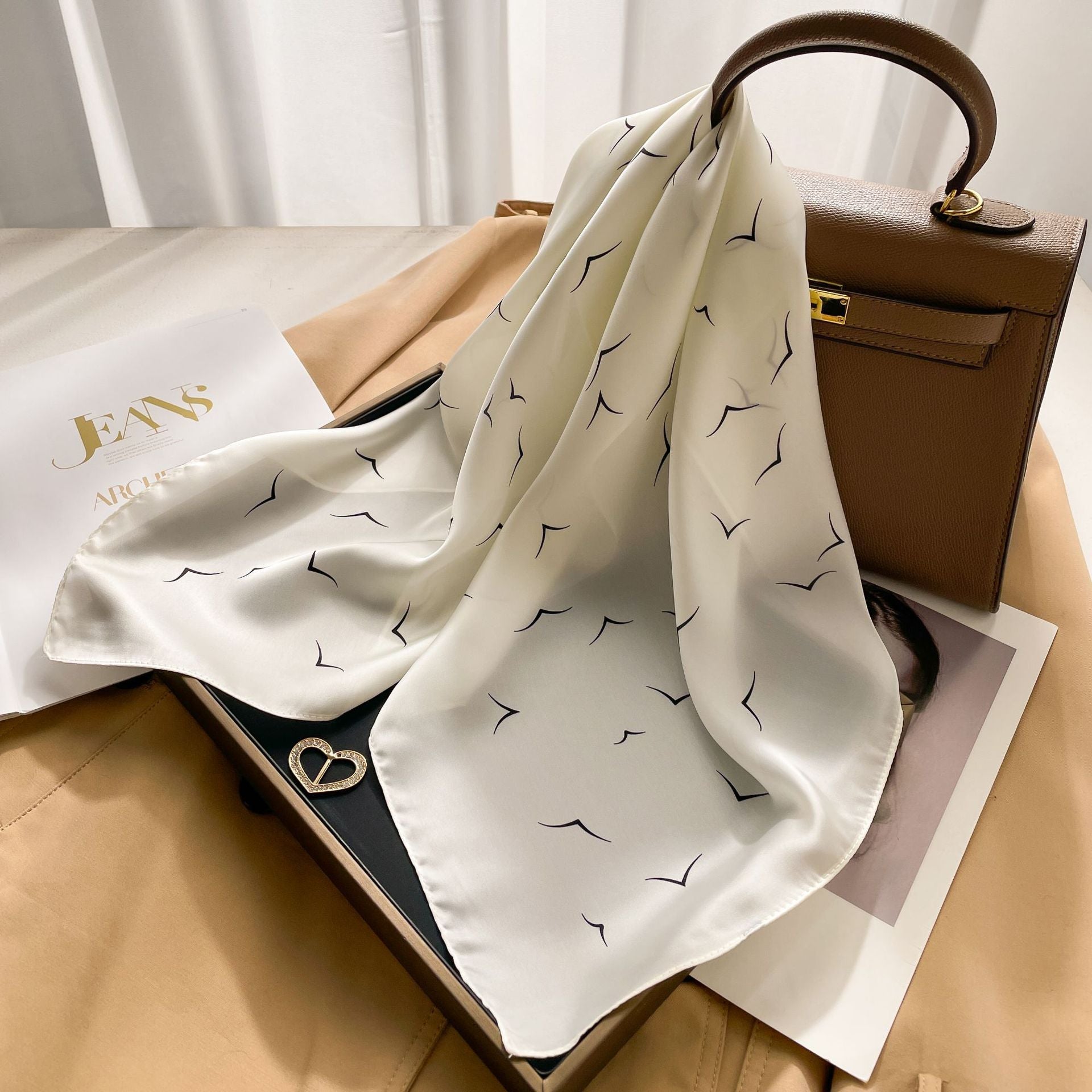 New 70 Korean Style Small Square Towel Silk Scarf For Women - A0130 Flying Bird Beige