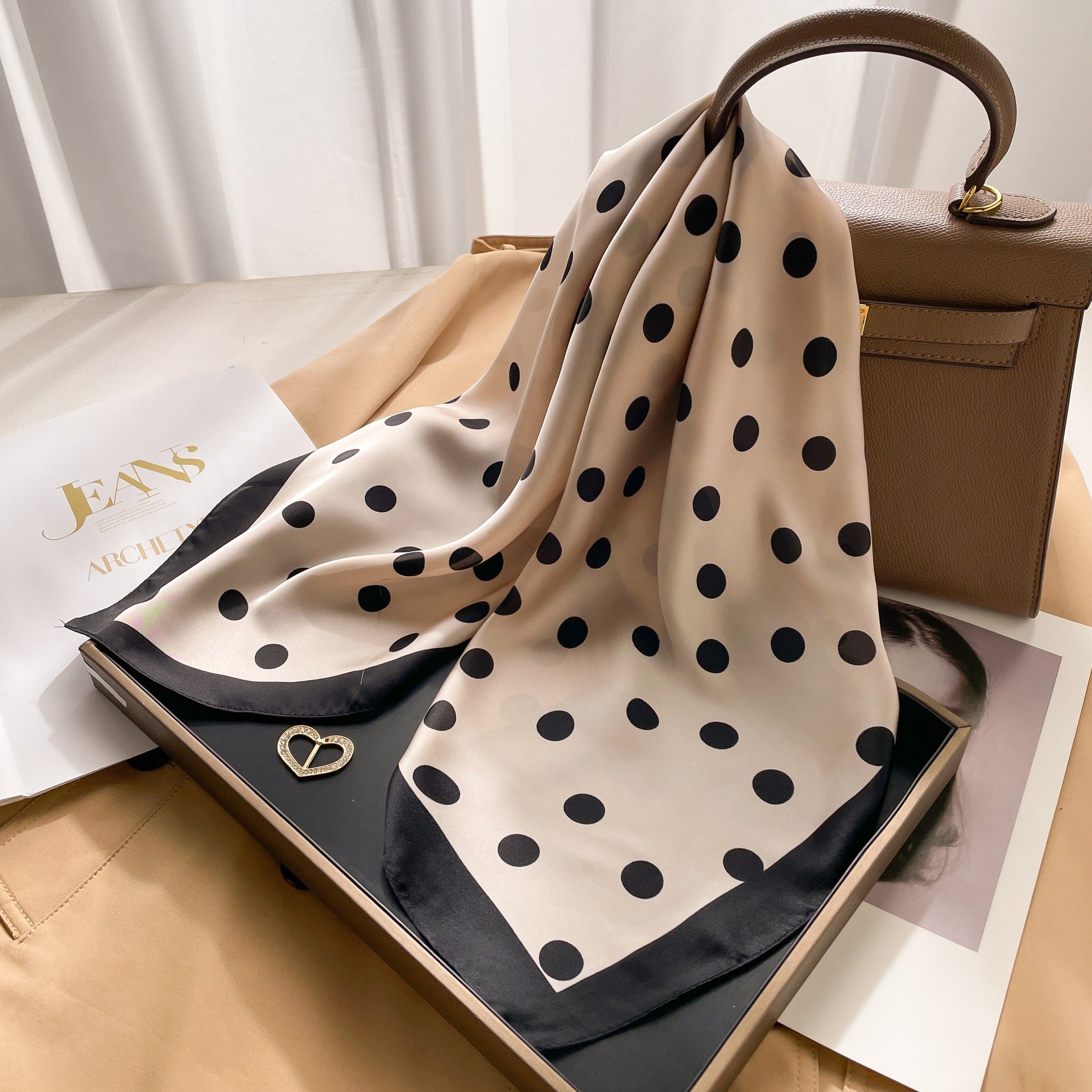 New 70 Korean Style Small Square Towel Silk Scarf For Women - A013217 Polka Dot Beige