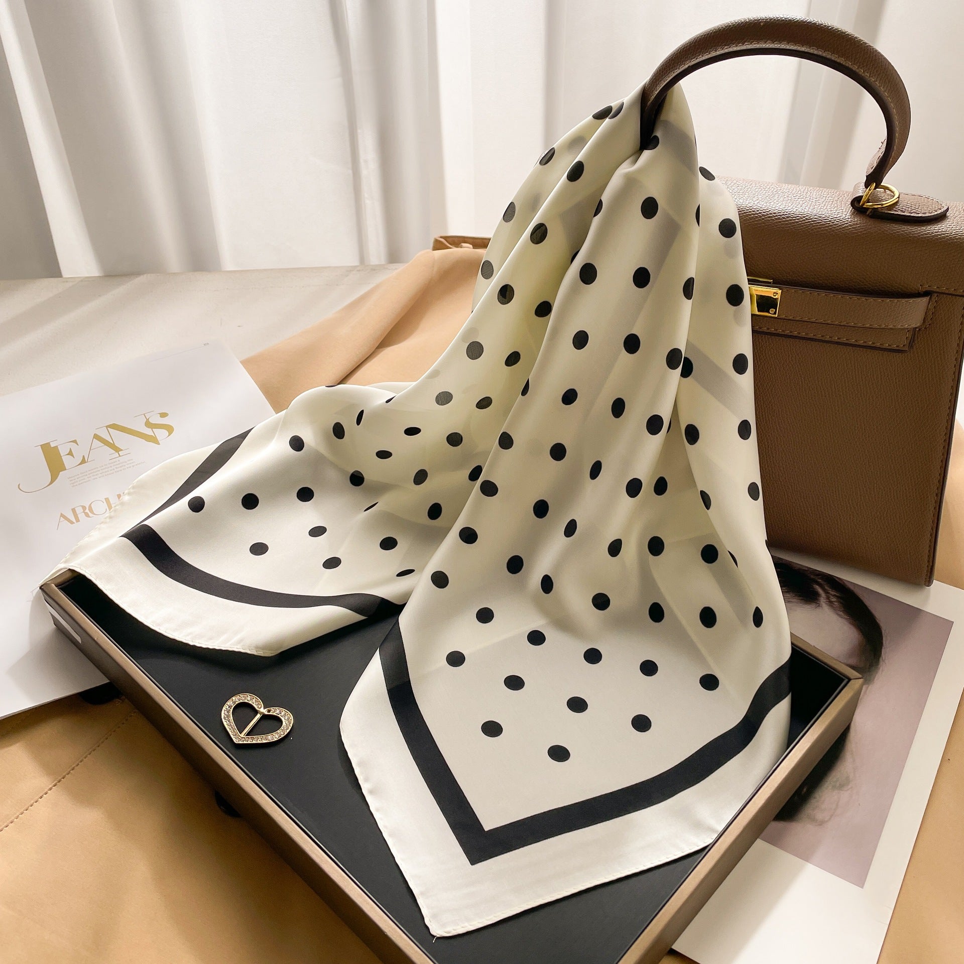 New 70 Korean Style Small Square Towel Silk Scarf For Women - A0133 Polka Dot Milky White