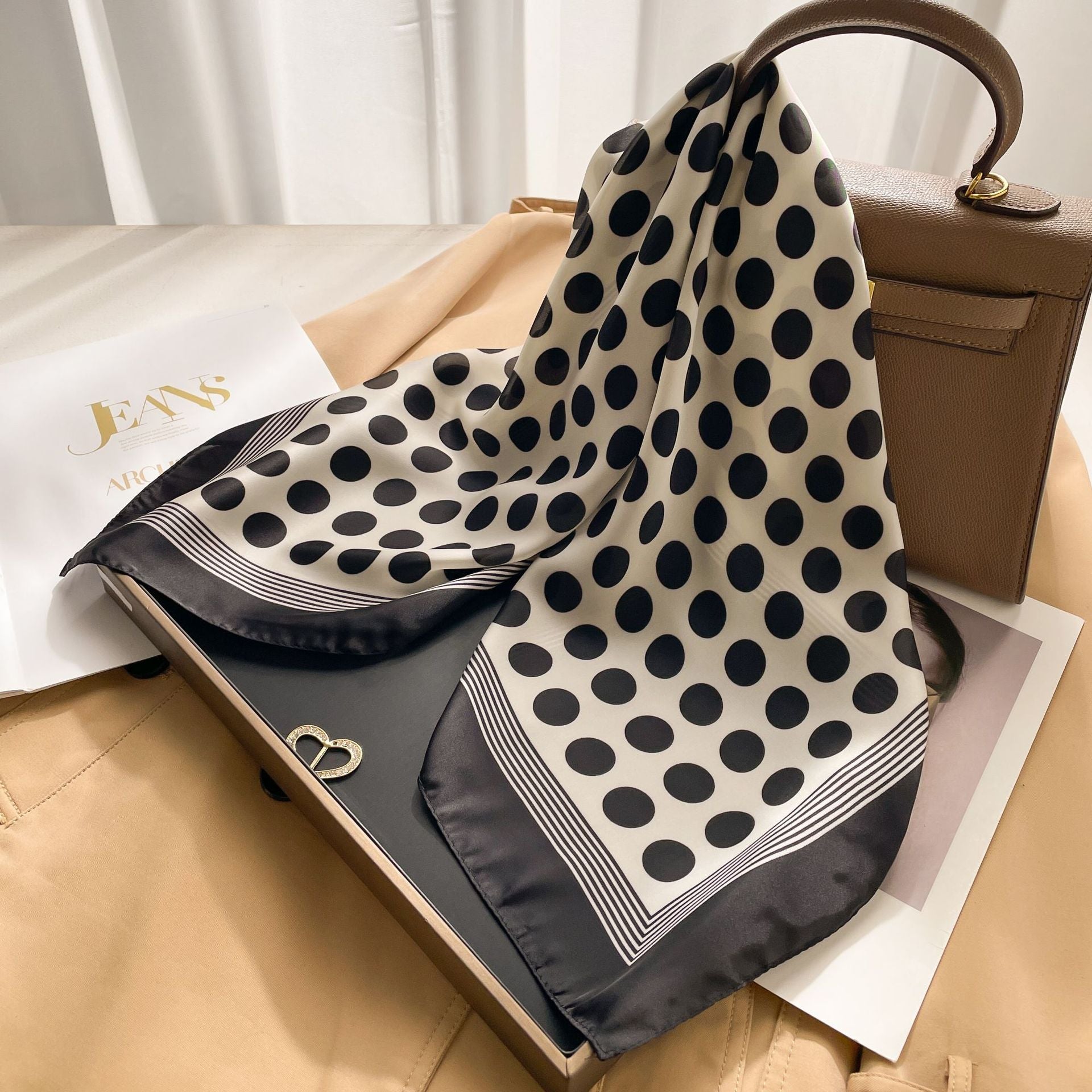 New 70 Korean Style Small Square Towel Silk Scarf For Women - A0134 Black With White Dots