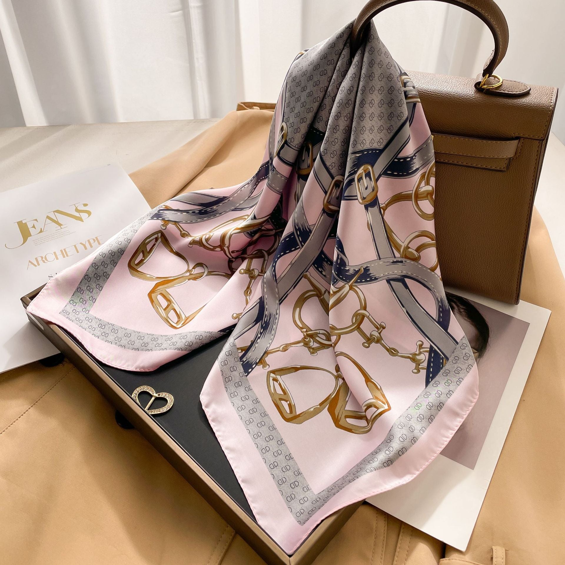 New 70 Korean Style Small Square Towel Silk Scarf For Women - A0136 Pink Chain