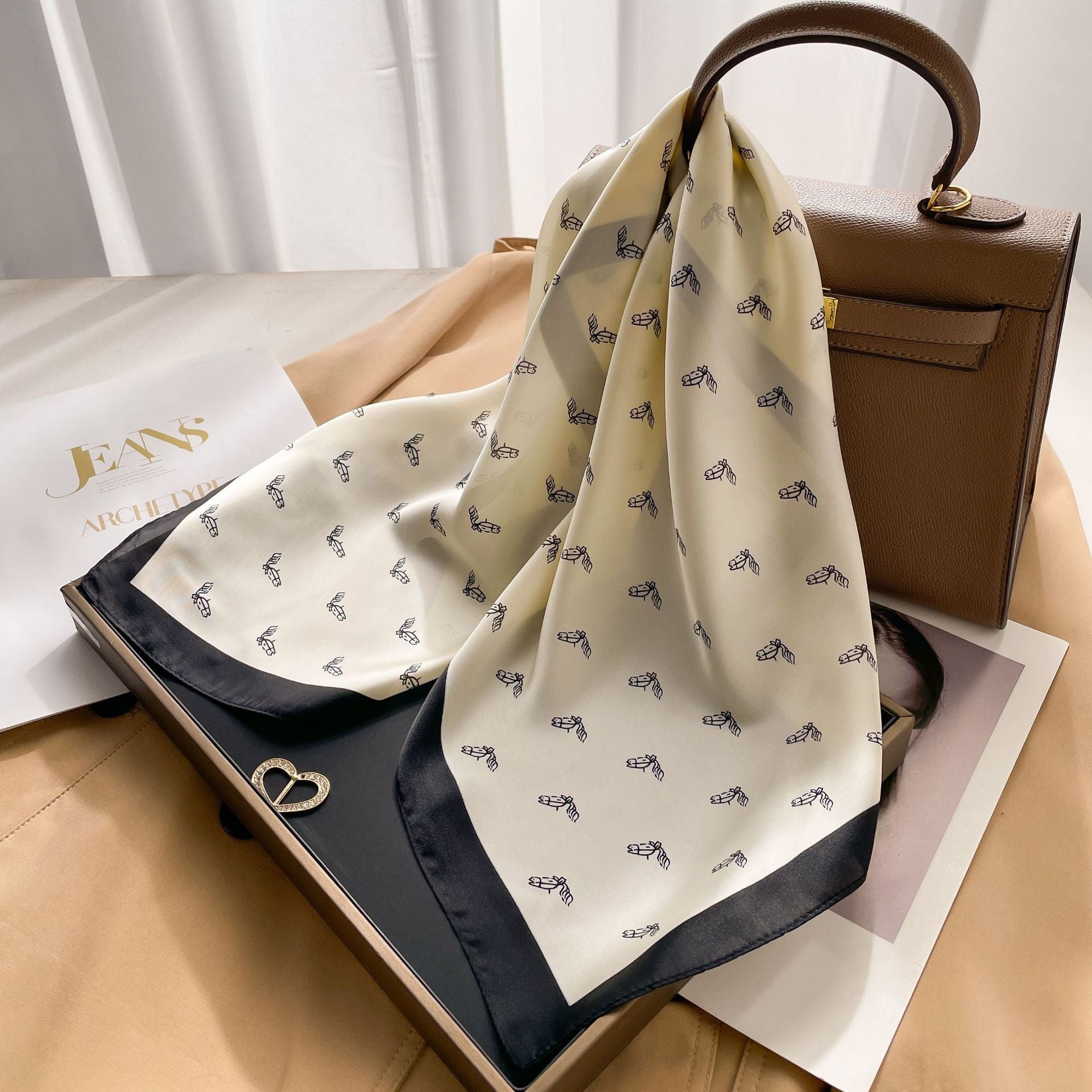 New 70 Korean Style Small Square Towel Silk Scarf For Women - A0142 Small Horse Head White