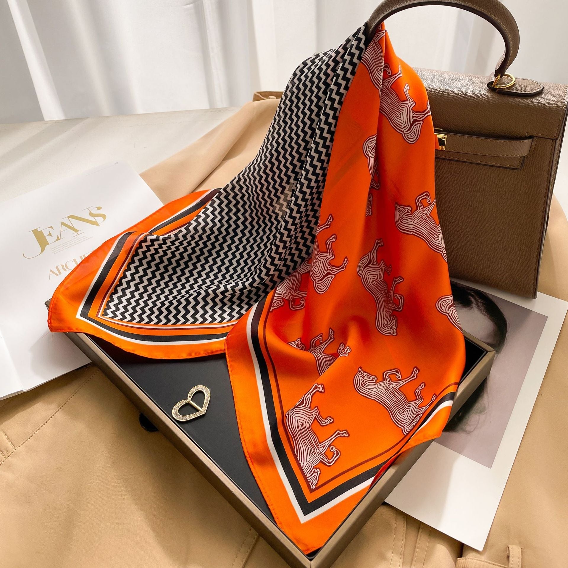 New 70 Korean Style Small Square Towel Silk Scarf For Women - A0147 Wave Orange Horse