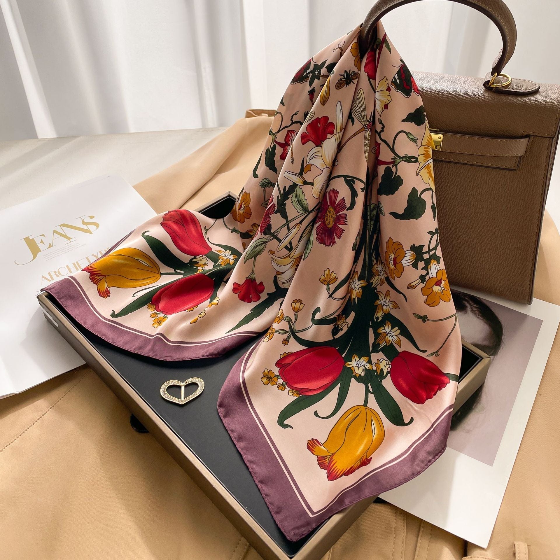 New 70 Korean Style Small Square Towel Silk Scarf For Women - A0155 Flowers Brown