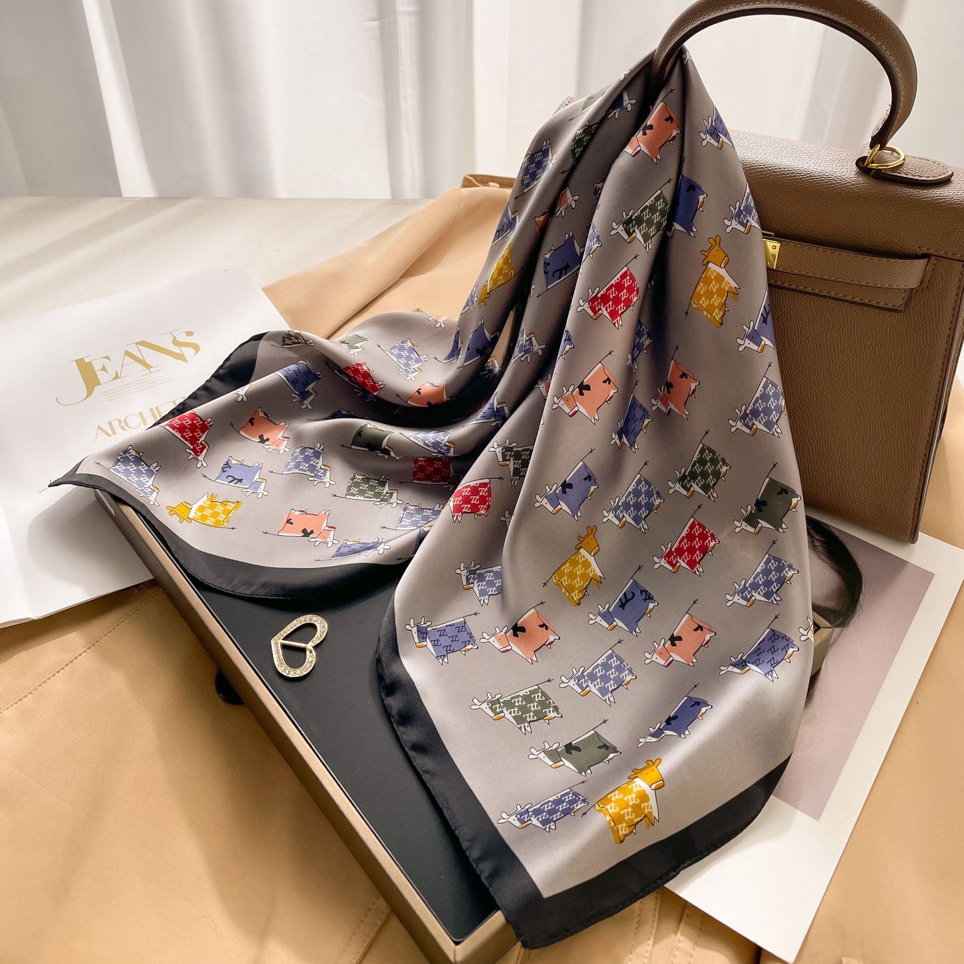 New 70 Korean Style Small Square Towel Silk Scarf For Women - A0156 Cow Blossoming Gray