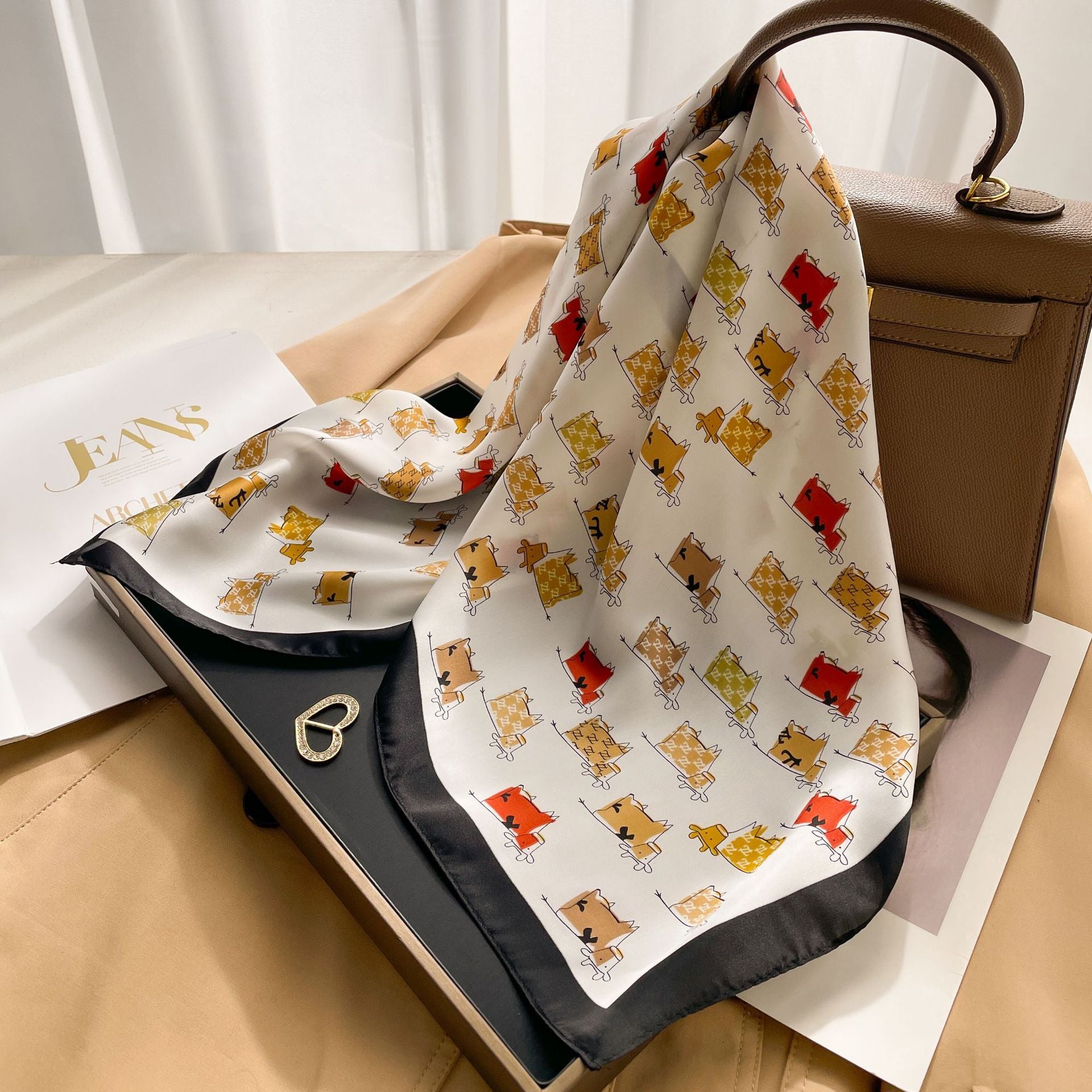 New 70 Korean Style Small Square Towel Silk Scarf For Women - A0157 Cow Blossoming White