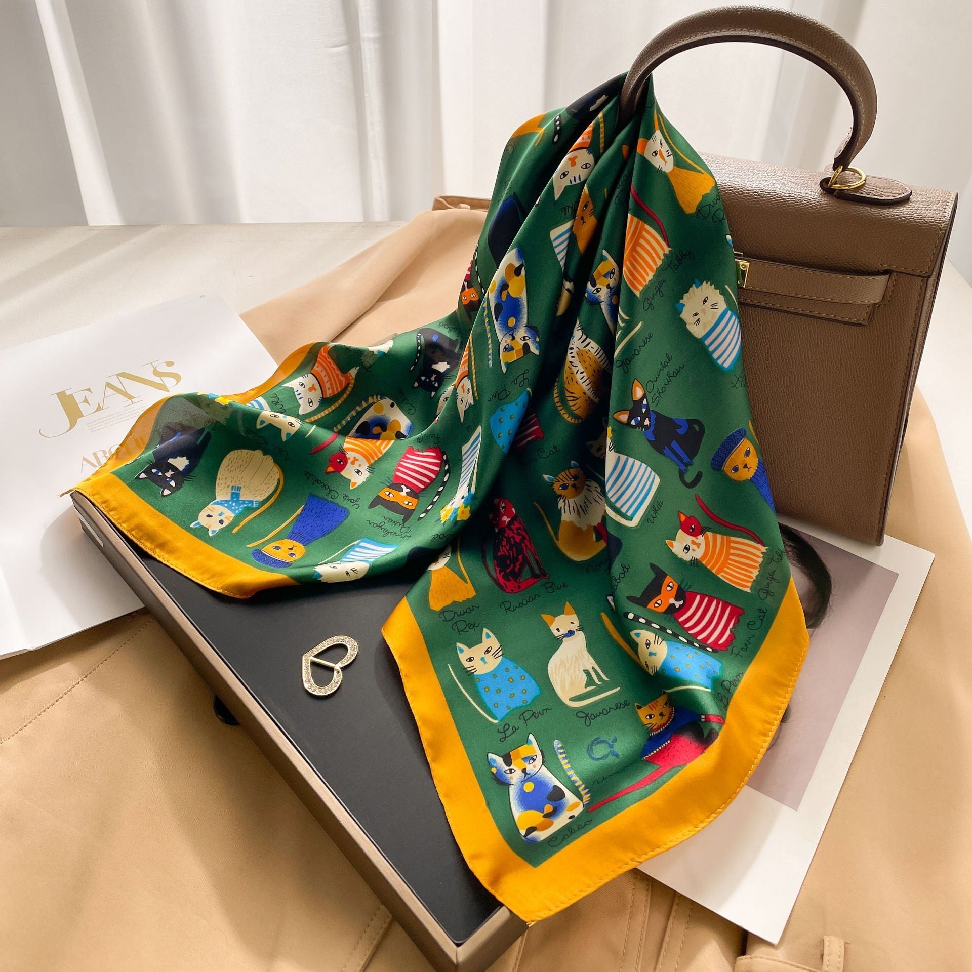 New 70 Korean Style Small Square Towel Silk Scarf For Women - A0158 Fantasy Cat Dark Green