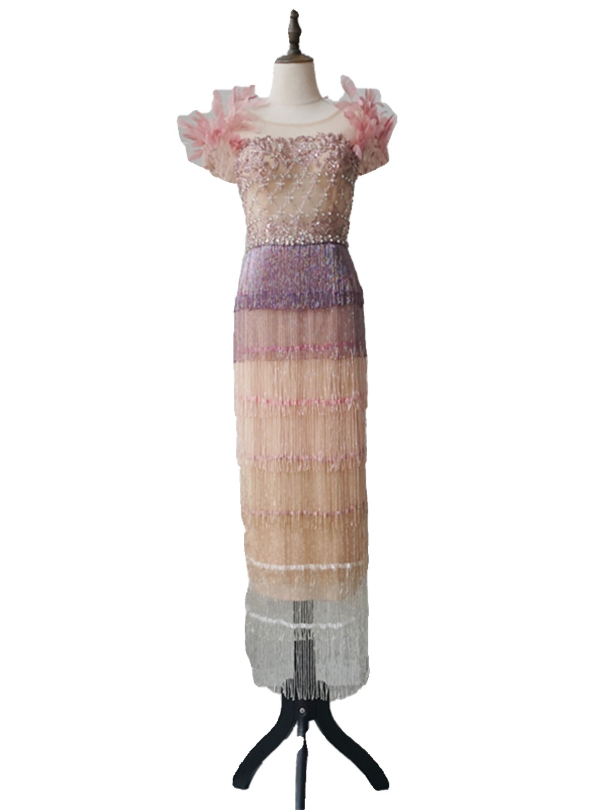 New Feather Heavy Industry Mid Length Crystal Evening Dress - Purple / XXS