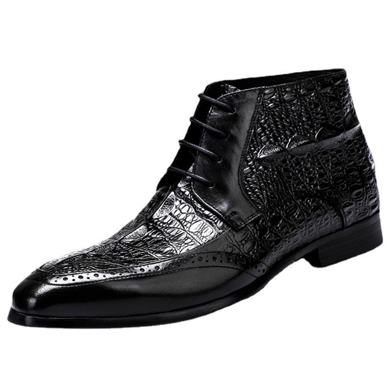 Black crocodile-patterned leather dress boot from New Men’s Cowhide High Casual Boots, luxury fashion for all
