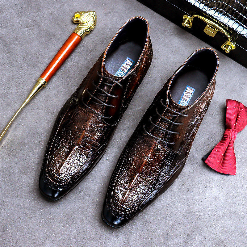 Brown crocodile-patterned dress shoes from New Men’s Cowhide High Casual Boots, luxury fashion for all