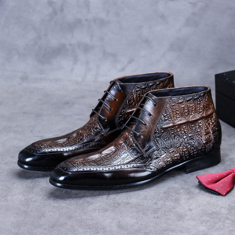 Pair of brown crocodile-patterned leather boots from New Men’s Cowhide High Casual Boots, luxury fashion for all