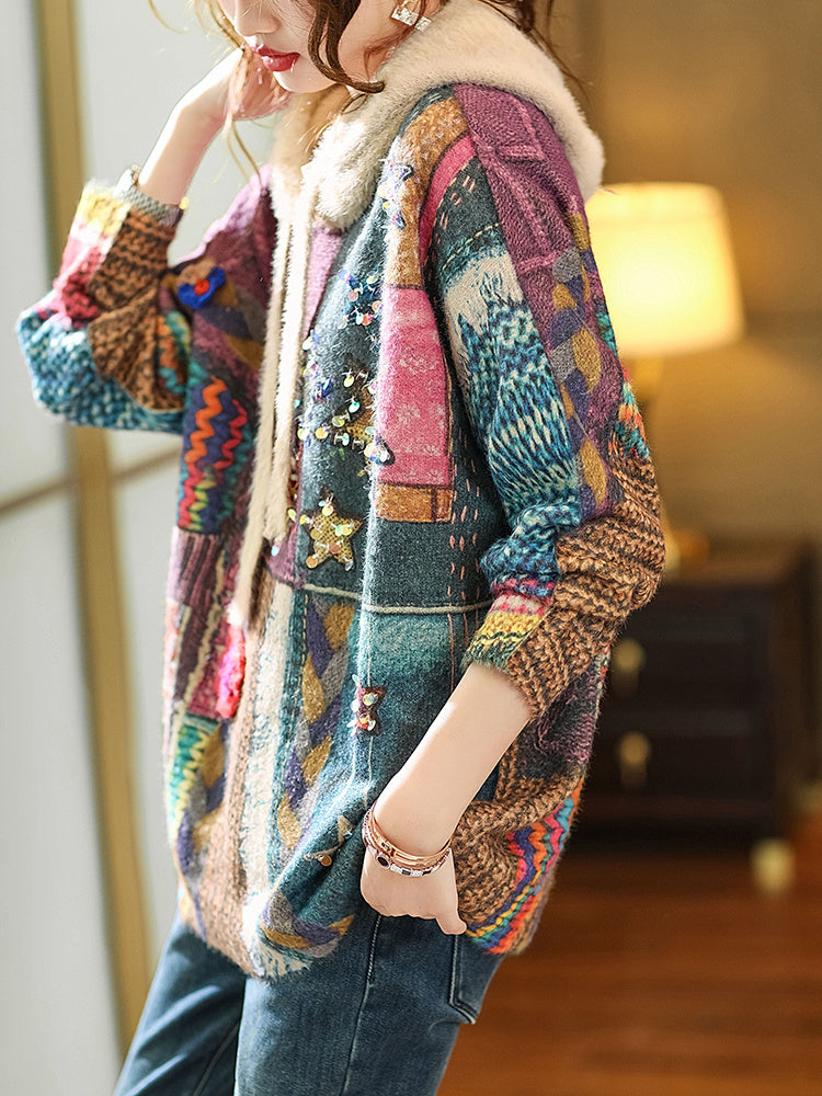New Mink Solid Flower Hooded Sweater - Purple / One size