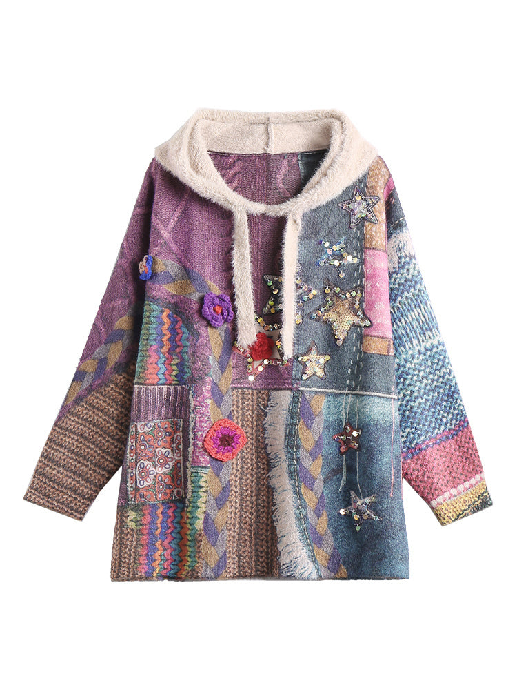 New Mink Solid Flower Hooded Sweater - Purple / One size