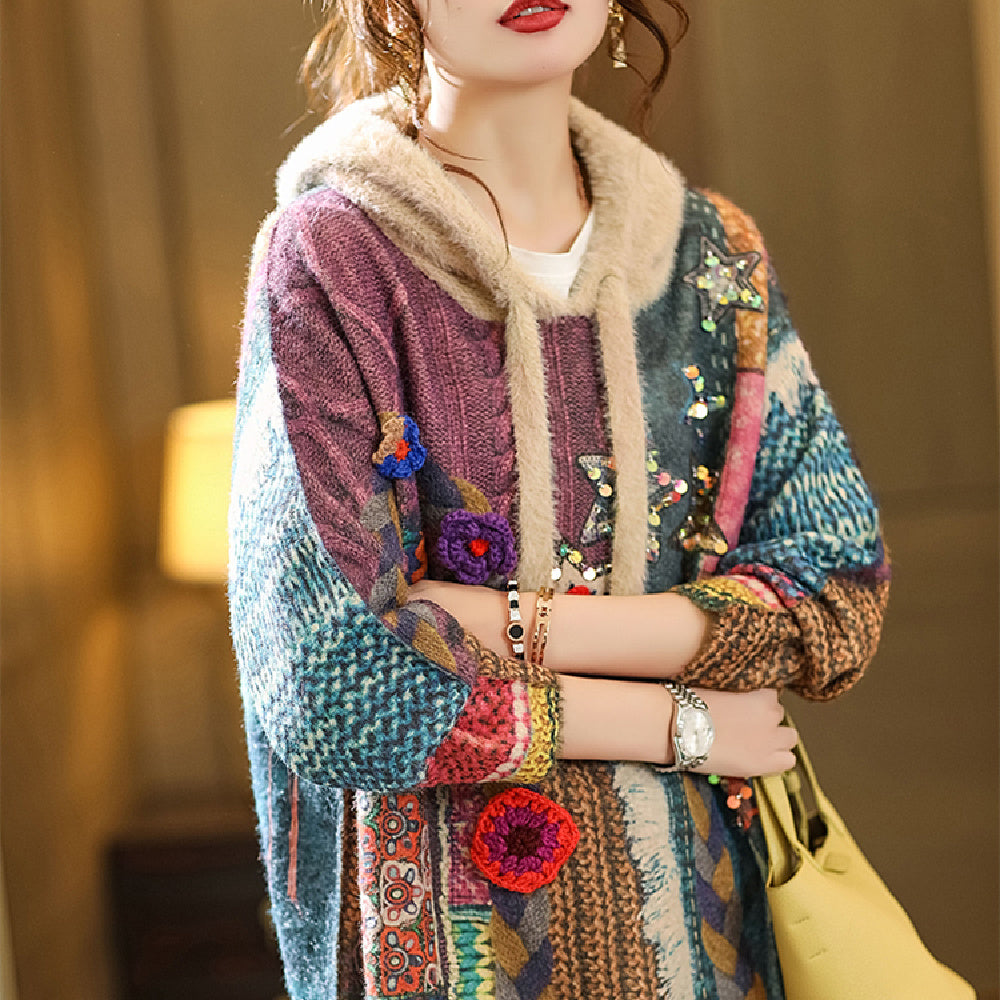 New Mink Solid Flower Hooded Sweater - Purple / One size