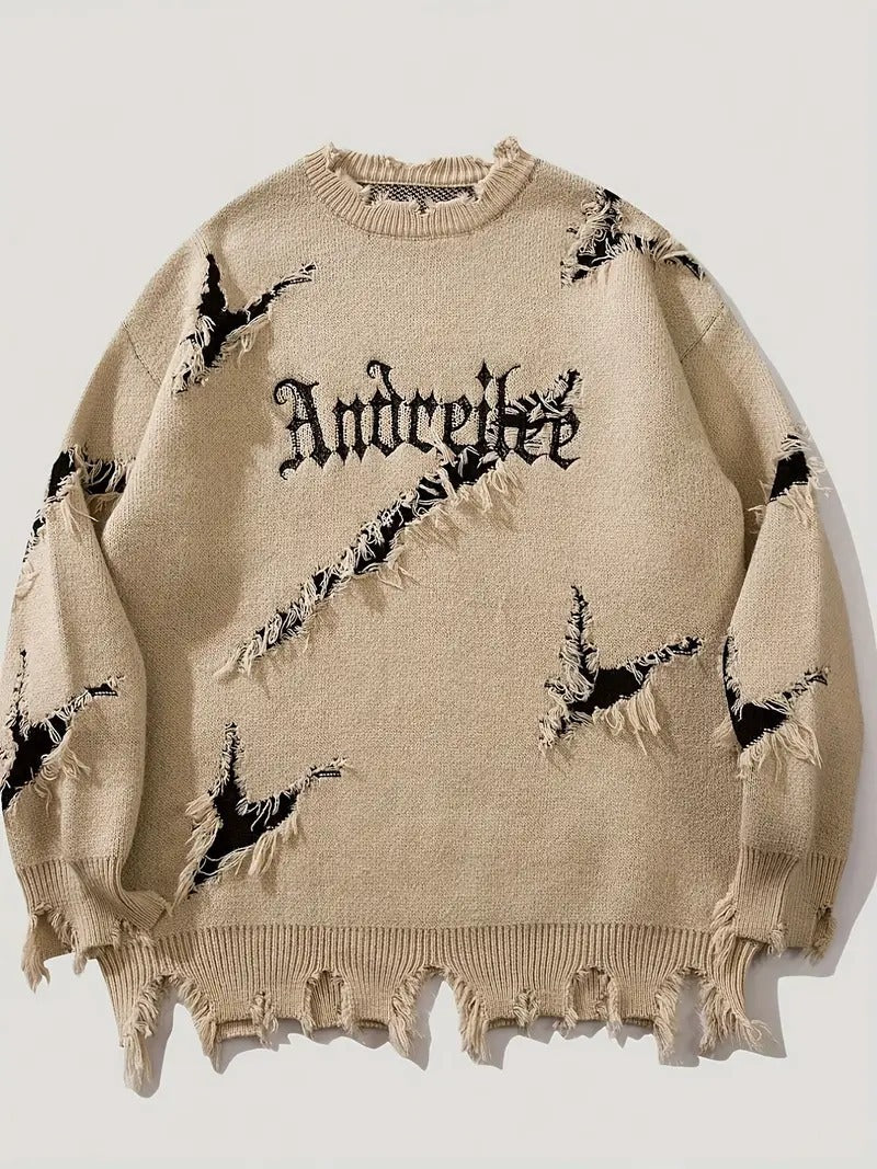 New Personality Street Jacquard Ripped Frayed Vintage Loose Sweater - Beige / M