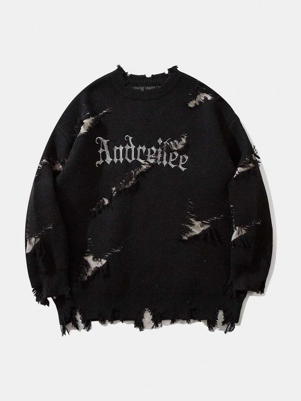 New Personality Street Jacquard Ripped Frayed Vintage Loose Sweater - Black / M
