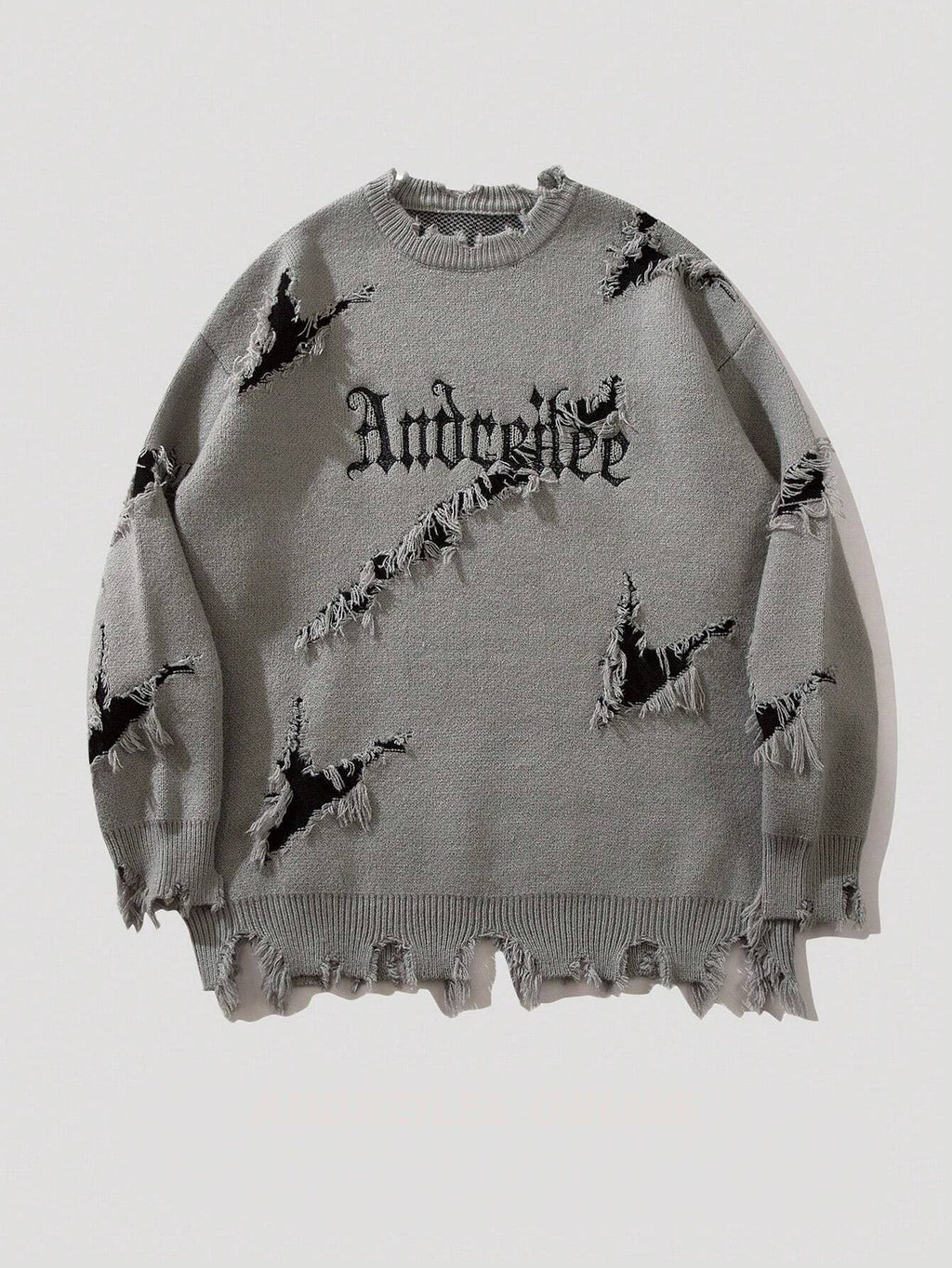 New Personality Street Jacquard Ripped Frayed Vintage Loose Sweater - Gray / M