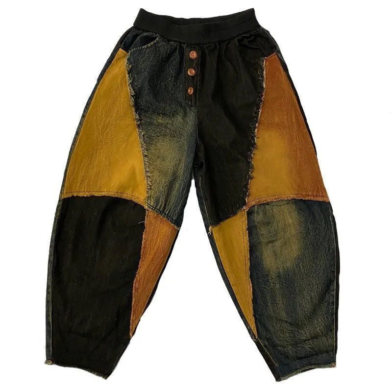 New Personalized Breasted Frayed Color Block Denim Harem Pants Loose Slimming Women - Main Picture / M