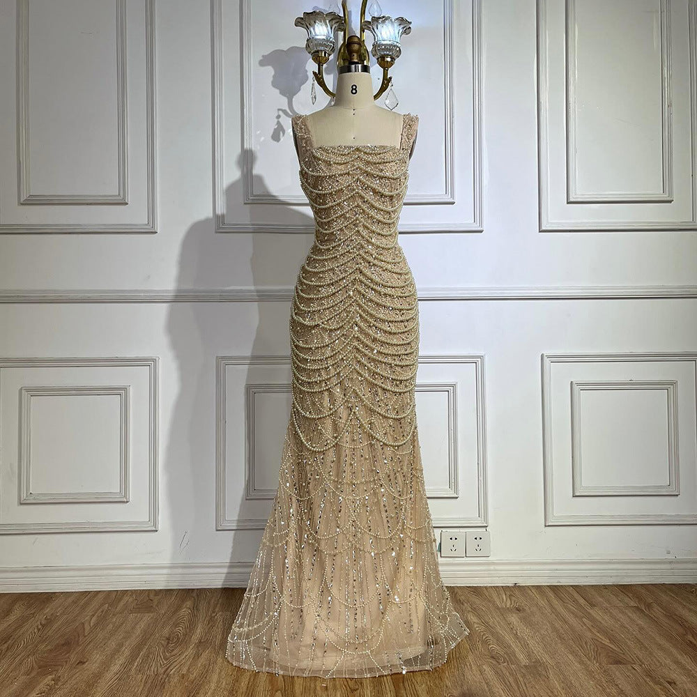 Nude Elegant Sling Light Luxury High-end Pearl Beaded Dress - Naked / XS