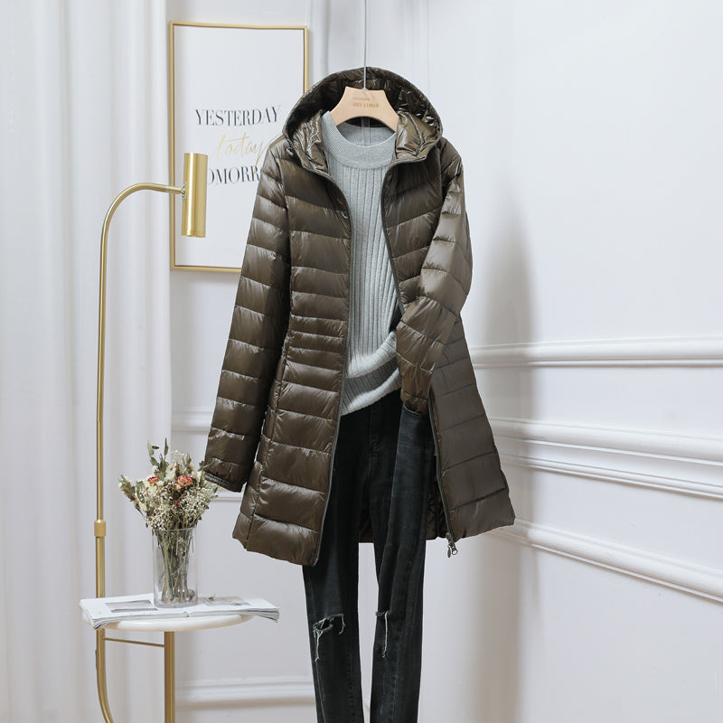 Women’s Solid Color Casual Hooded Down Jacket - Army green / S