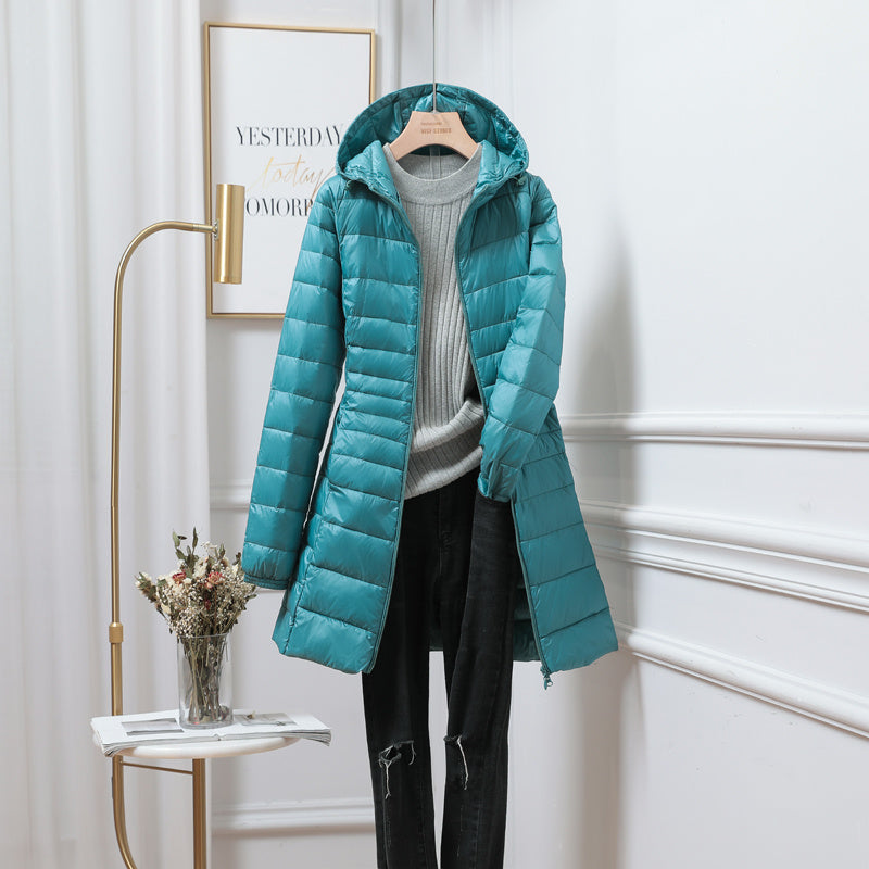 Women’s Solid Color Casual Hooded Down Jacket - Blackish green / S