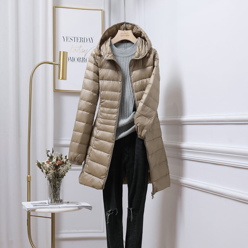 Women’s Solid Color Casual Hooded Down Jacket - Champagne / S
